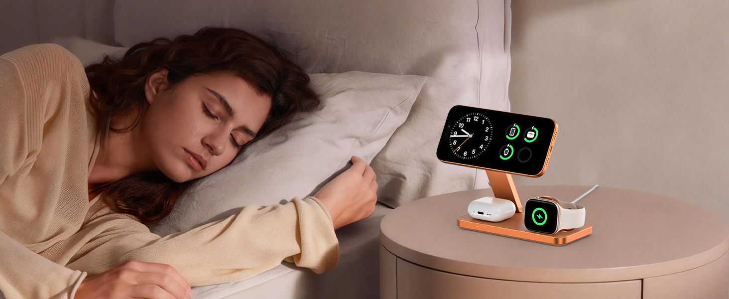 Бездротова зарядна станція 3 в 1 для Apple iPhone 17/16/15/14/13/12, Apple Watch Ultra/11/10/SE та AirPods 4/3/2, сумісна з MagSafe, складана, помаранчева