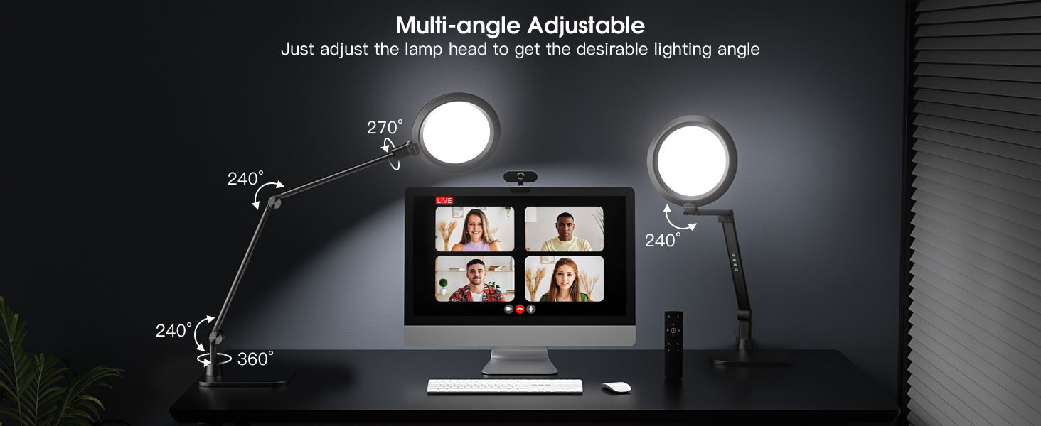 LED лампа настільна з денним світлом для відеоконференцій, офісна лампа з підставкою, регульована з 4 кольоровими режимами, 18W світло для відео, захищає очі, для дому та офісу, матовий білий (тінтовий чорний)