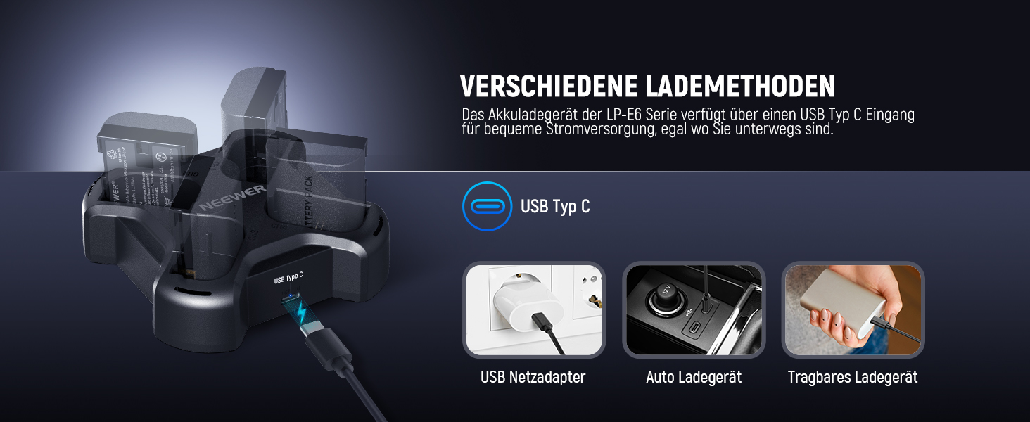 NEEWER LP-E6NH Запасний акумулятор та USB зарядний пристрій, комплект 3 шт., 2250mAh, сумісний з Canon EOS R7, R5, R6, R6 II, 80D, 90D та ін.