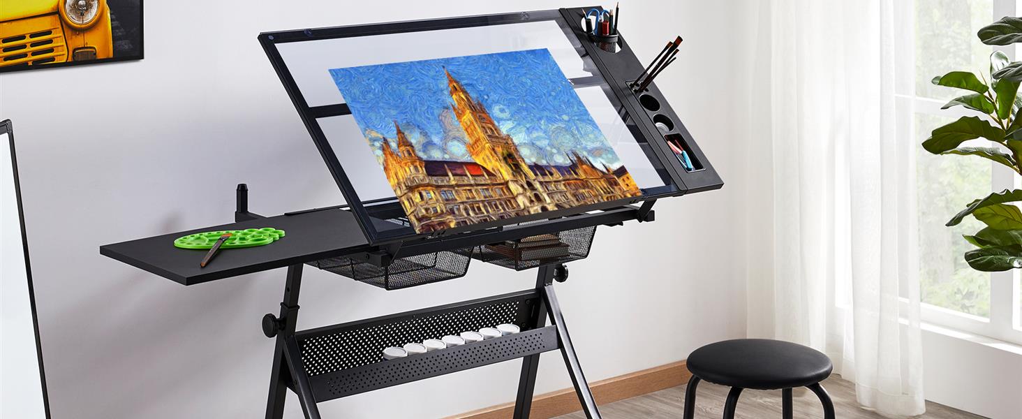 Yaheetech Adjustable Height Drafting Table Set with Tilt-Top, Storage & Stool - Drawing/Art Desk for Artists - Black