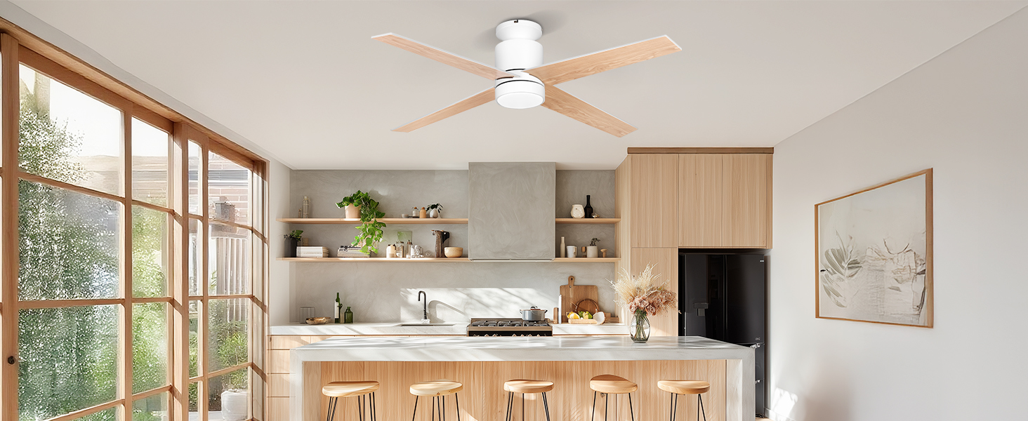 Стеляний вентилятор Ohniyou з підсвіткою та пультом дистанційного керування, 96,5 см (38 дюймів), з керуванням через додаток, тихий, з регулюванням яскравості, для спальні, тераси, внутрішнього та зовнішнього використання (білий, сучасний)