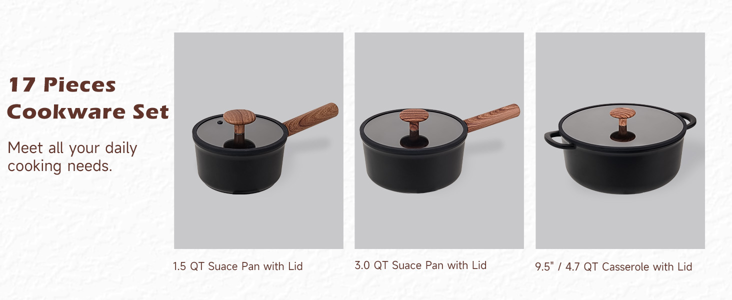 Набір посуду JEETEE 17 предметів з антипригарним покриттям Ceramic, набір каструль та сковорідок з знімними ручками, для всіх типів плит, сумісний з духовкою