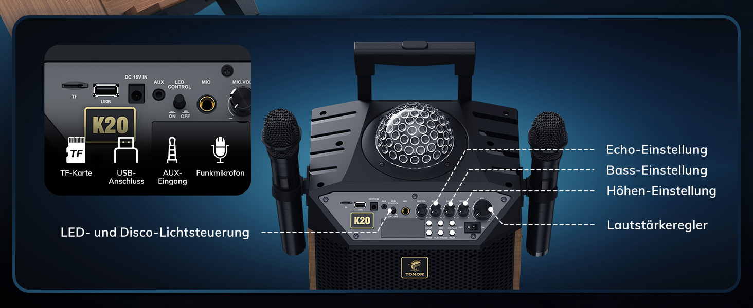 Караоке система TONOR K20 з 2 мікрофонами, Bluetooth, світлодіодна куля, для дому та вулиці