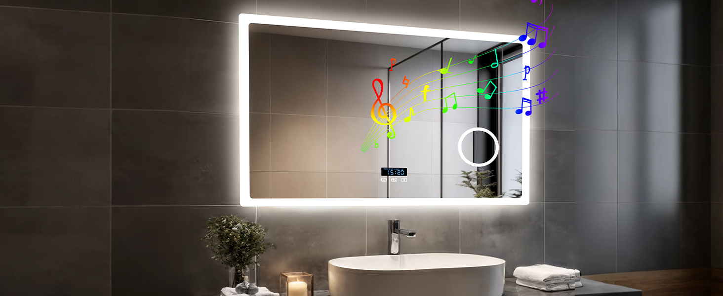 Дзеркало для ванної кімнати LUVODI з підсвічуванням 100x70 см: годинник, температура, дата, проти запотівання, регулювання яскравості, 3 кольори світла, функція пам'яті, LED, Bluetooth, збільшення 3x