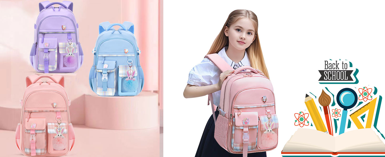 Сумка для школи для дівчаток - велика містка рюкзак Каваї з відділом для ноутбука для учнів початкової та середньої школи, блакитний