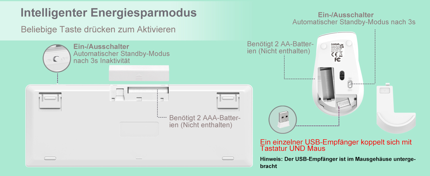Механічна клавіатура та миша Leadsail FA98 бездротові, QWERTZ, 98 клавіш, низькопрофільний червоний перемикач, 1600 DPI, для Windows/MacOS/PC/Laptop (срібло)