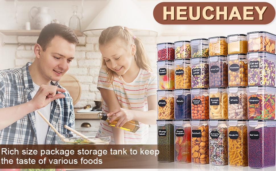 Набір контейнерів для зберігання Heucheey 24 шт. з кришкою, набір для кухні з пластику, з наклейками, пензлем та ложкою, контейнери для зберігання круп, борошна, макаронів, BPA-free