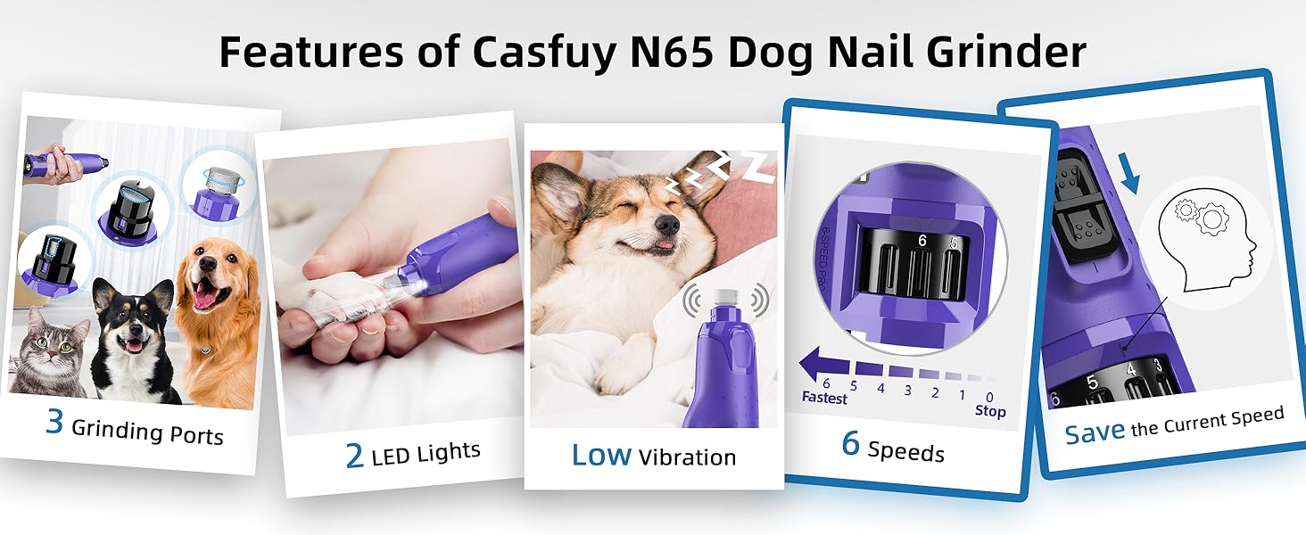 Електричний точилка для кігтів собак Casfuy - 6 режимів, 45 dB, з LED-підсвіткою, для великих, середніх та маленьких собак, з захистом від пилу (білий, фіолетовий)