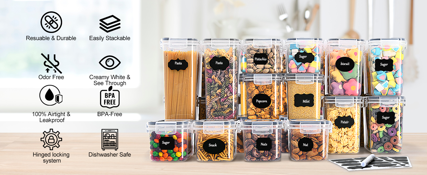 Набір контейнерів для продуктів з кришкою, 16 шт. BPA Free, герметичні, для зберігання крупи, борошна, цукру. Органайзери для кухні з етикетками