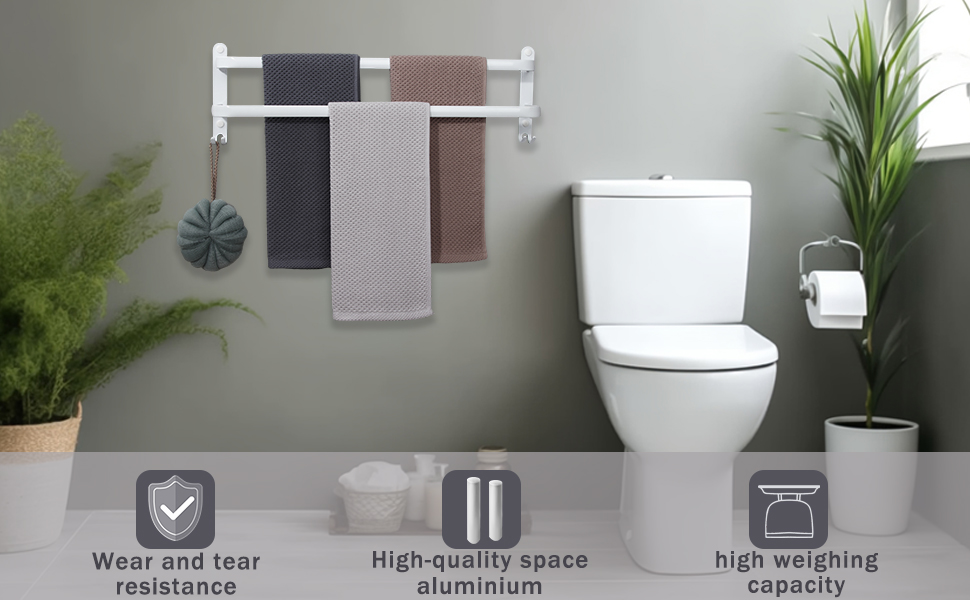 Тримач для рушників на стіну без свердління, 80 см, з гачками, 2 яруси, для ванної кімнати, кухні, туалету