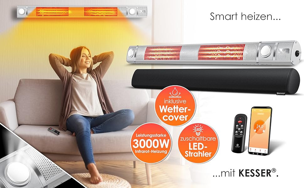 Інфрачервовий обігрівач KESSER® 3000W з LED-підсвічуванням та Wi-Fi, для тераси, кафе, бару, з пусковим пристроєм та захисним чохлом. Кварцовий настінний обігрівач (срібний)