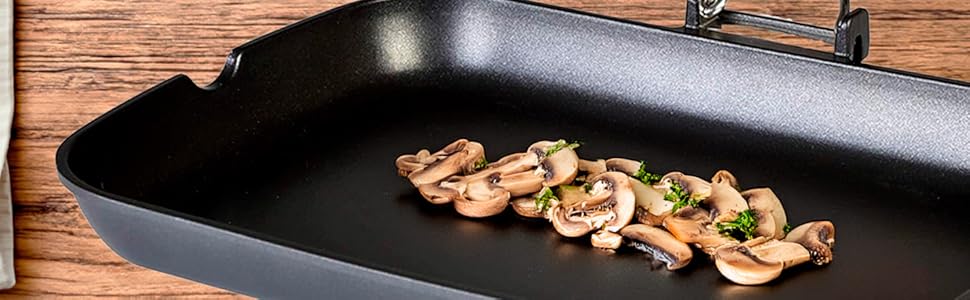 Сковорода-гриль WECOOK! Ecostone 34x24 см для індукції, алюмінієва, антипригарне покриття ILAG, екологічна, без ПФОК, товщина 5 мм, складана дерев'яна ручка, для газу та склокераміки