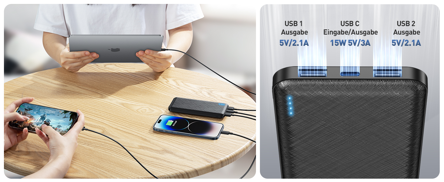 Портативний зарядний акумулятор Power Bank 10000mAh, ультратонкий, з USB-C, 2 USB виходи, сумісний з iPhone, iPad, Samsung, AirPods