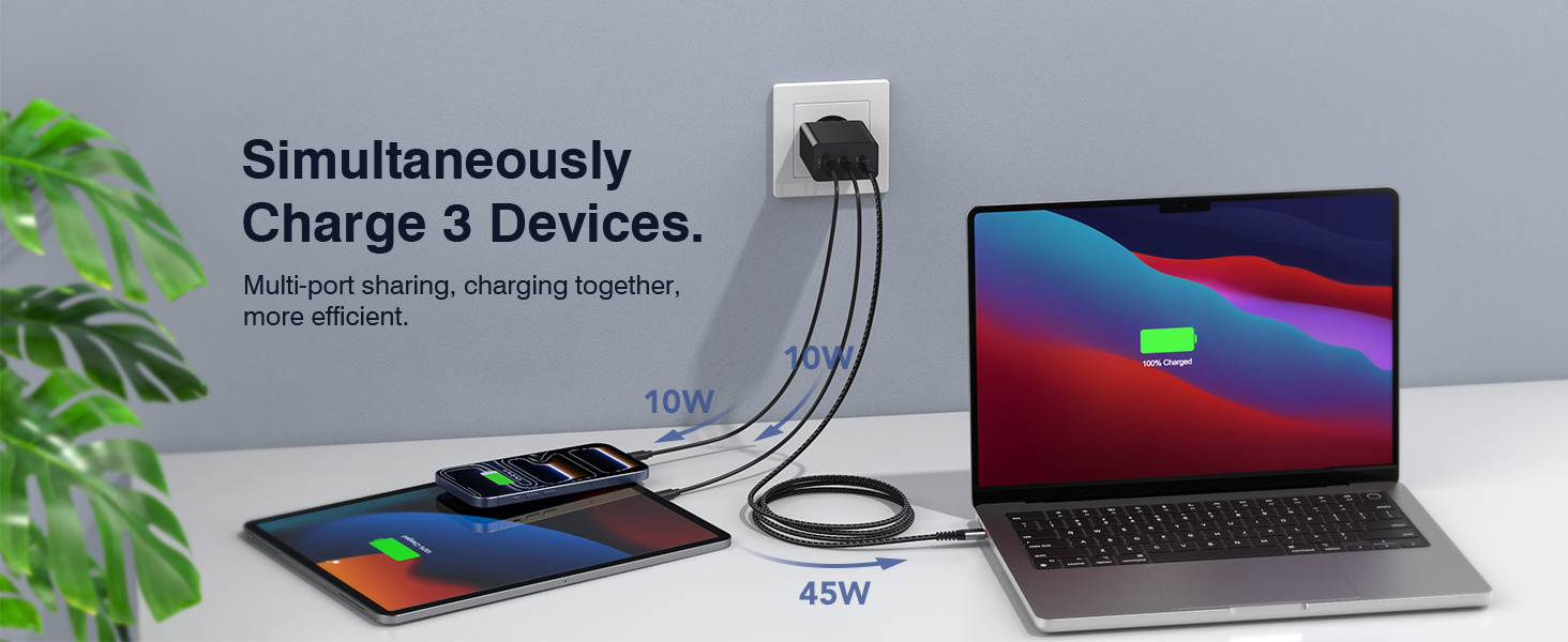 Зарядний пристрій USB C 65W 3-портовий, з кабелем 2м, для MacBook, iPhone, Switch, Galaxy, Tablet, Laptop, чорний