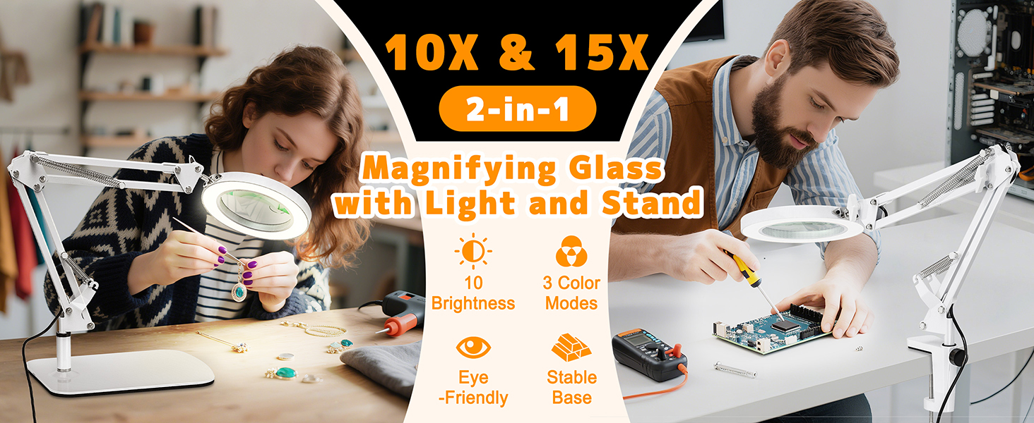Лампа-лупа Jubor 2-в-1 зі світлом та підставкою, 15x/10x, LED, з кріпленням та основою, 3 режими, регульована яскравість, для хобі, ремонту, майстрів