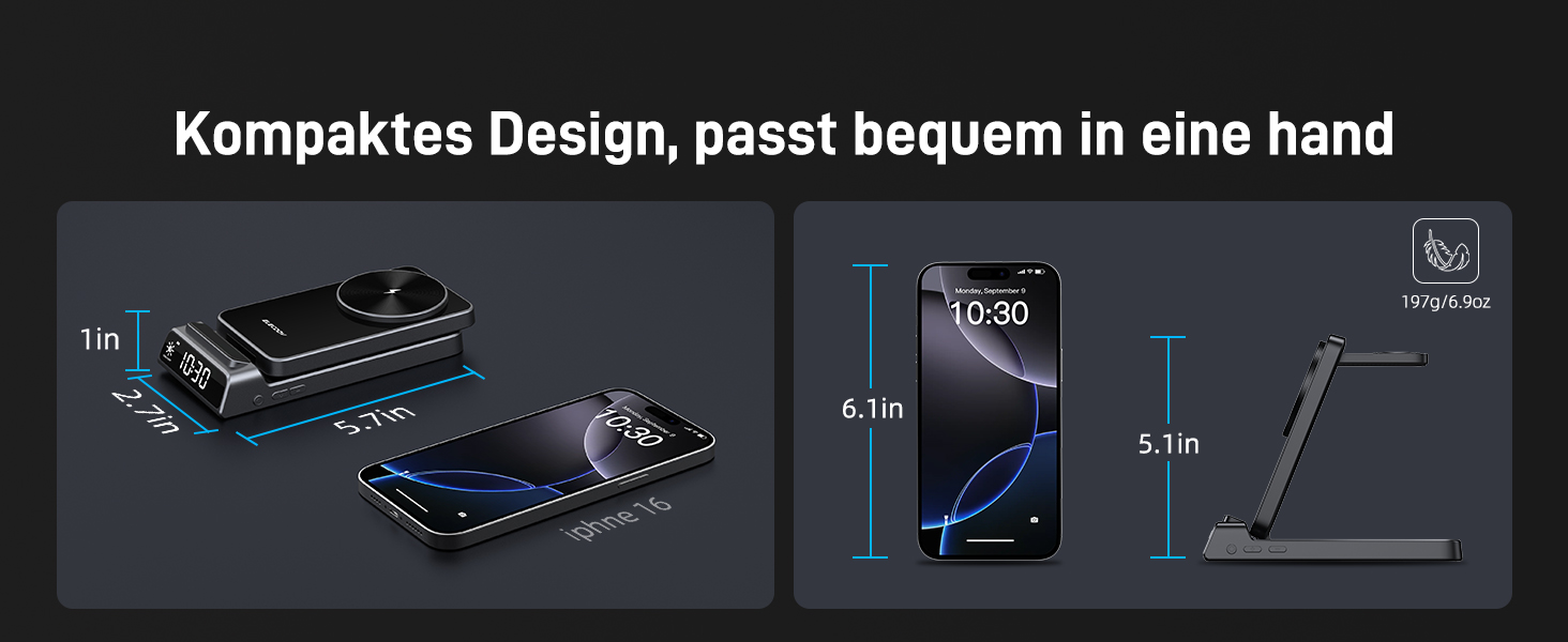 Зарядна станція 3-в-1 бездротова для iPhone, Apple Watch, AirPods, з годинником, для подорожей