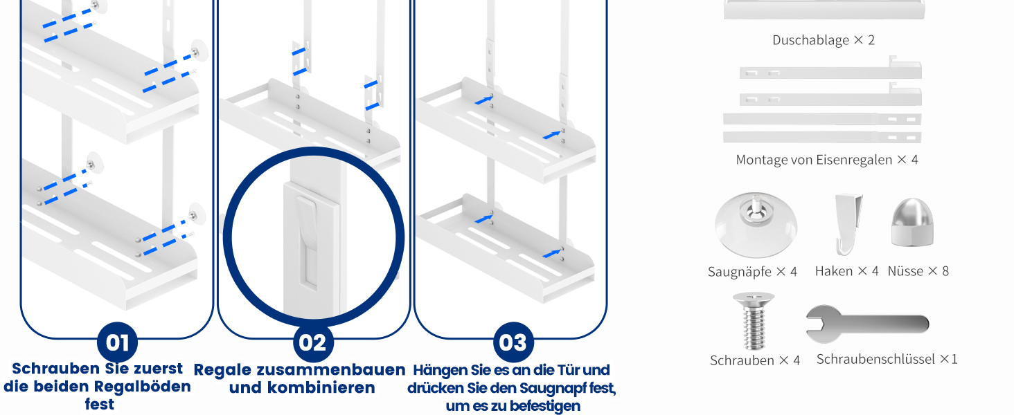 Поличка для душу MEIJO без свердління, органайзер для ванної кімнати з 4 гачками, білий