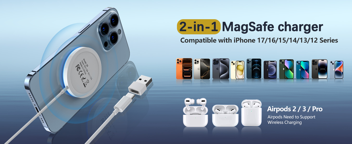 Бездротовий зарядний пристрій для iPhone, AirPods: LED-зарядка з двома портами (фіолетовий)