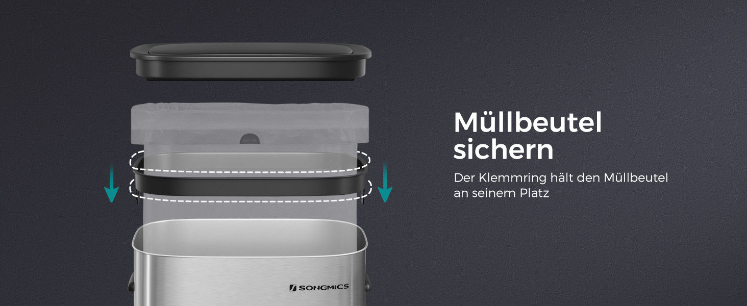 Відро для сміття SONGMICS з датчиком 50л, з м'яким закриттям, з нержавіючої сталі, з кільцем для пакетів, срібне (LTB610E50)