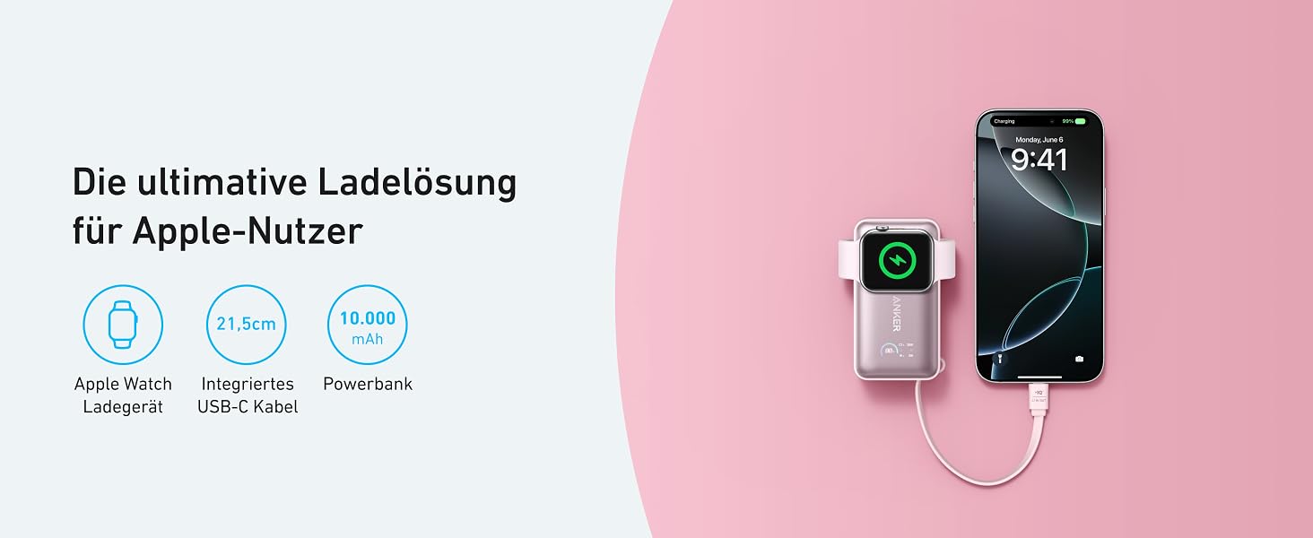 Повербанк Anker MagGo 10000mAh для Apple Watch та iPhone 17/16/15, Samsung, iPad, AirPods, вбудований кабель USB-C, 35W Max, сертифікований, Рожевий