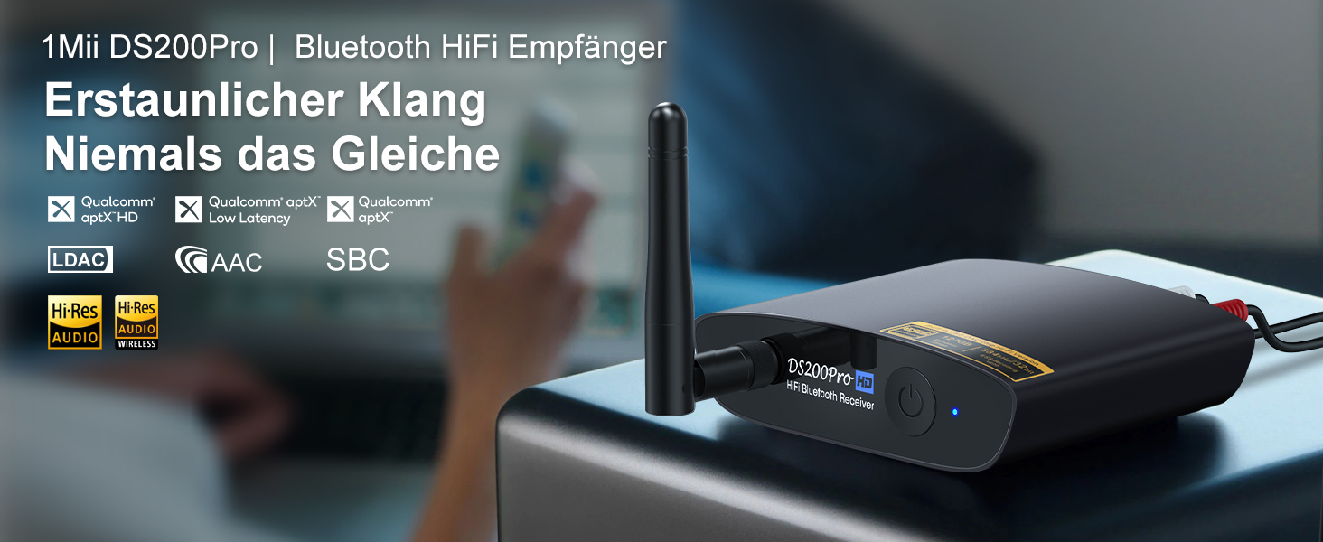 1Mii Bluetooth 5.3 HiFi Аудіоприймач для стереосистеми: Bluetooth адаптер з DAC (384kHz / 32bit), aptX HD, LDAC, оптичний/RCA вихід для AV ресивера або підсилювача (Чорний)