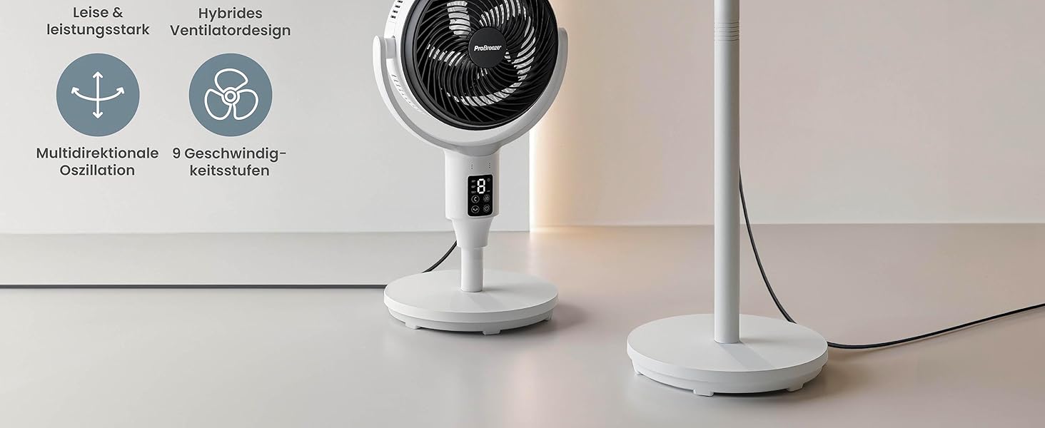 Standventilлятор Pro Breeze AirFlo 109 см з пульт. керування та LED-дисплеєм – 2 режими, гойдання, 29 дБ, регулювання висоти, енергоефективний для спальні, офісу та дому.