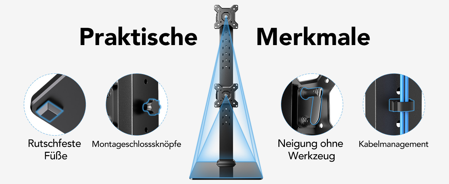 Кріплення для монітора HUANUO - 2 монітори, регульована висота, Dual-Arm, 17-34 дюйми, до 20кг на кріплення, VESA 50/75/100 мм (Чорний), для геймінгу