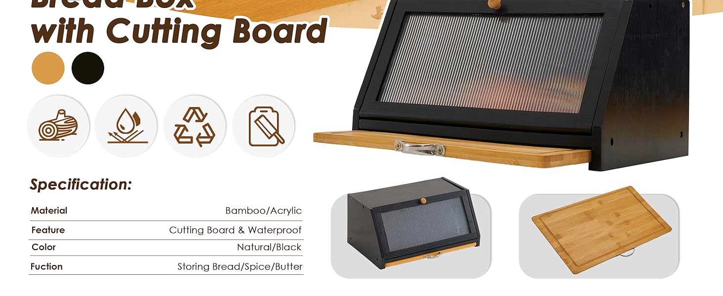 YOUDENOVA Хлібниця з дощечкою для нарізання, дерев'яна хлібниця, коробка для зберігання, бамбукова скринька для хліба, солі та перечниці, 39x25x20 (ДxШxВ) см, Чорний