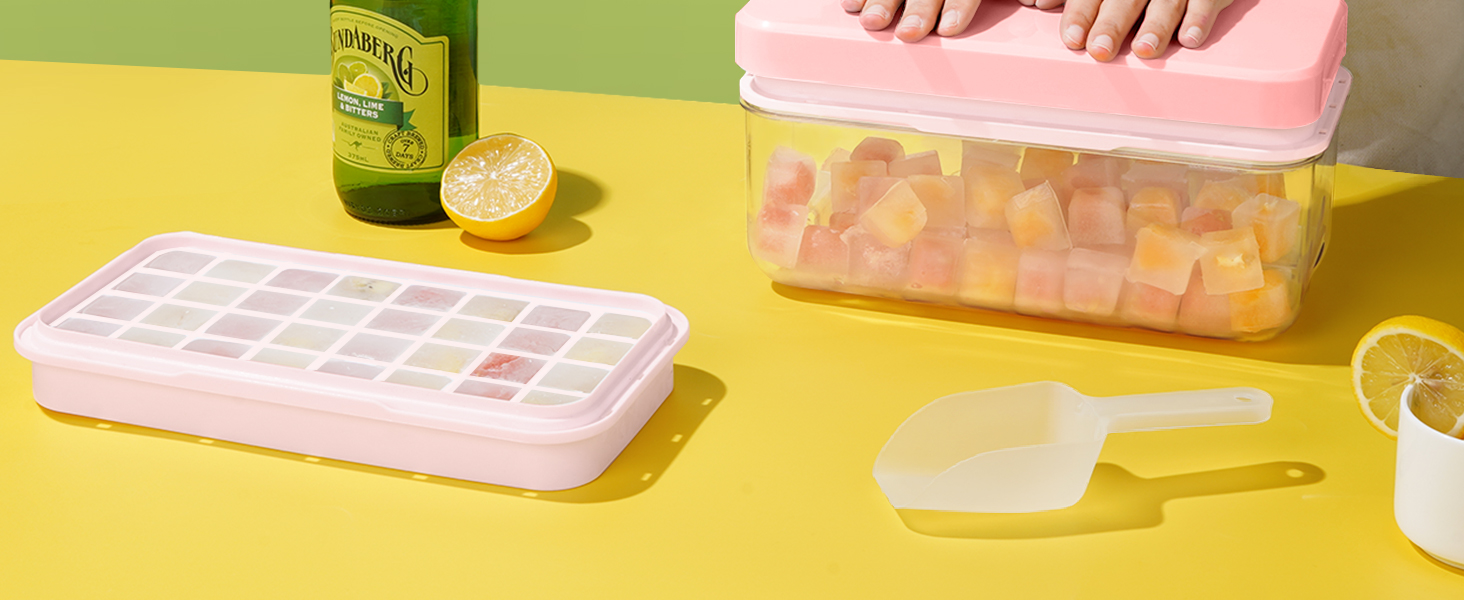 Форма для льоду PHINOX на 64 кубики з контейнером, кришкою та лопаткою, BPA-free, рожева