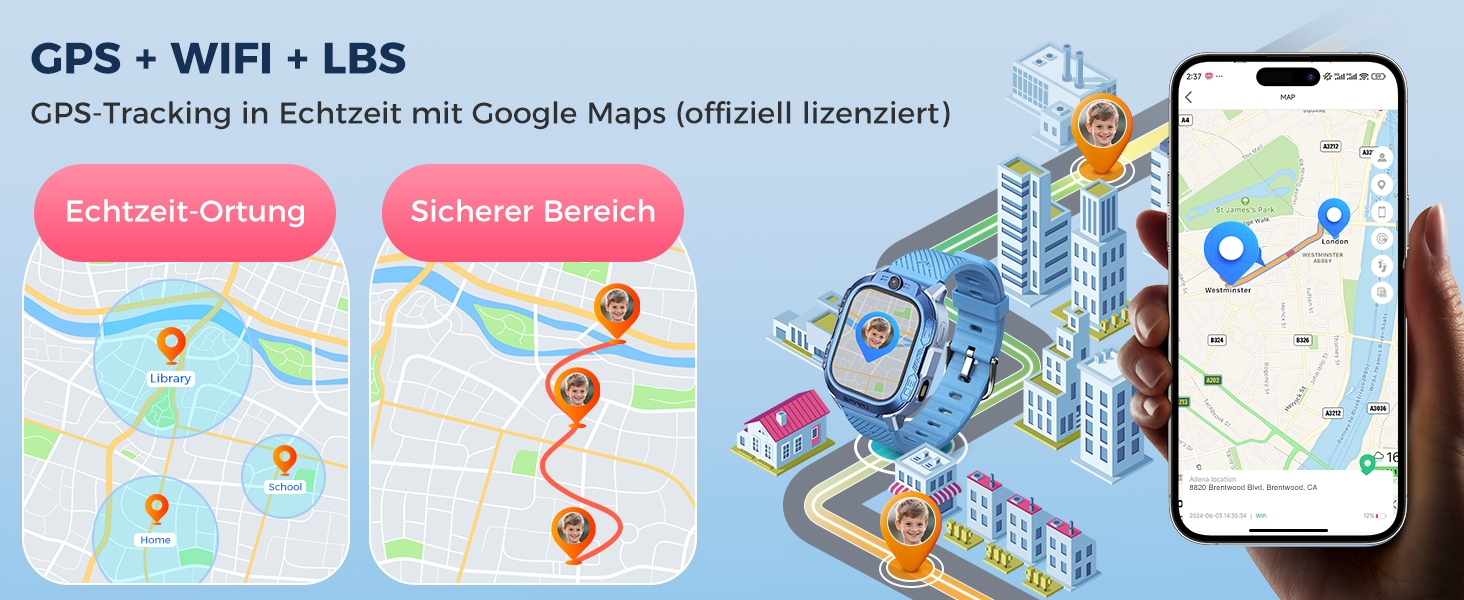 Дитячий розумний годинник KI з GPS та телефоном - 2025. Розумний годинник для дітей з відеодзвінками, чатом, Wi-Fi, 47 іграми, шкільним режимом, 4 спортивними режимами, подарунок для підлітків 5-13 років (блакитний)