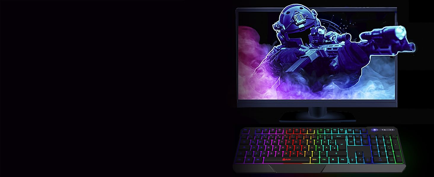 KLIM Chroma Wireless - Бездротова ігрова клавіатура QWERTZ DE з RGB підсвічуванням, тиха та ергономічна, довговічна та водовідштовхуюча - для PC, Mac, PS4, PS5 - Чорна