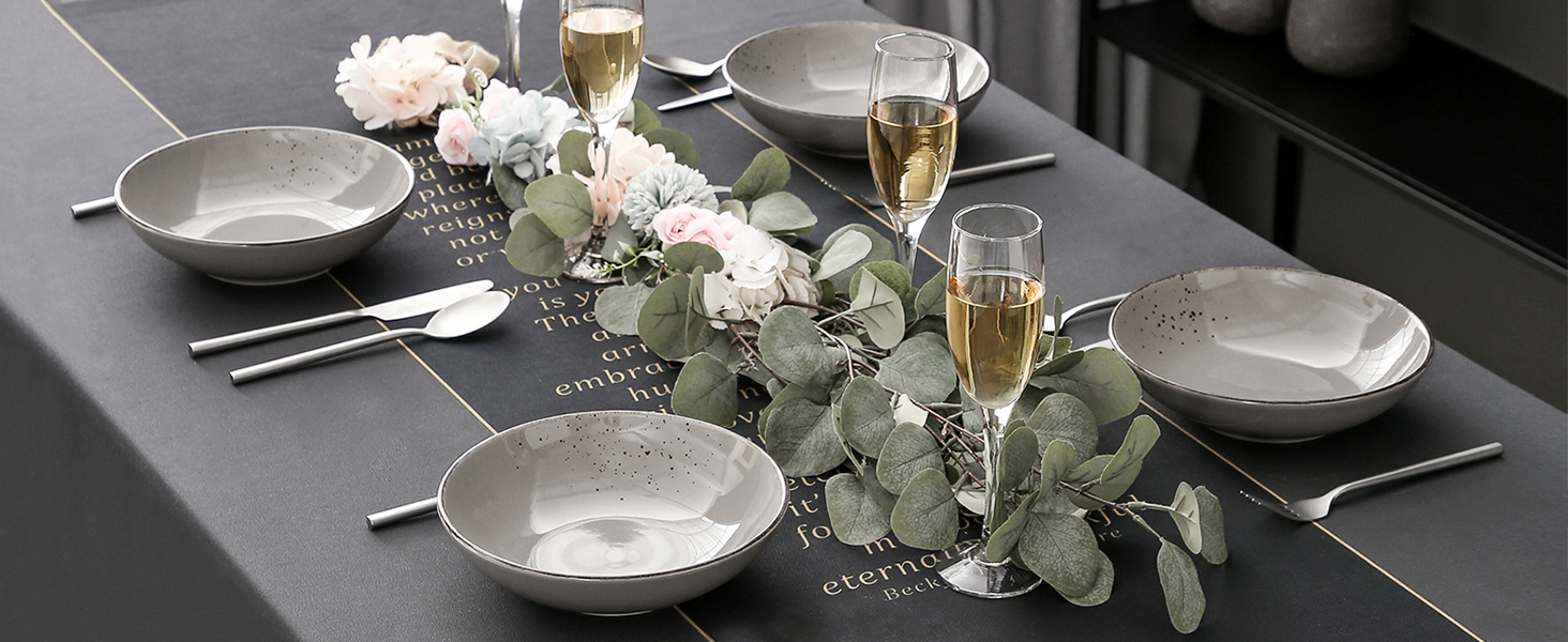 Набір посуду Vancasso NAVIA, 16 предметів, кераміка, для 4 осіб, розпис, тарілки, миски, чашки, помаранчевий (8 предметів, сірий)