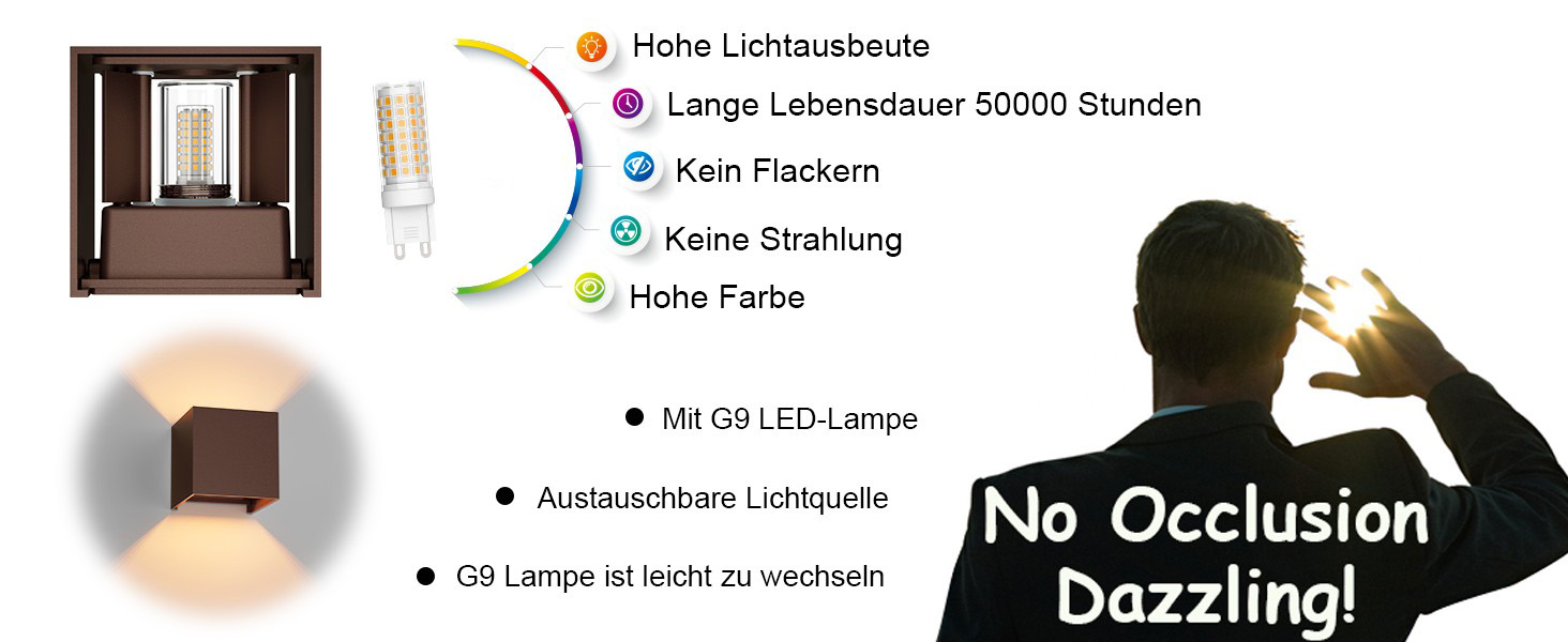 LED-стінні світильники Klighten 2 шт. з змінною G9 лампою, тепле біле світло 3000K, алюміній, для внутрішнього та зовнішнього використання, регульований кут променя, освітлення для вітальні, саду, антрацит (бронза)