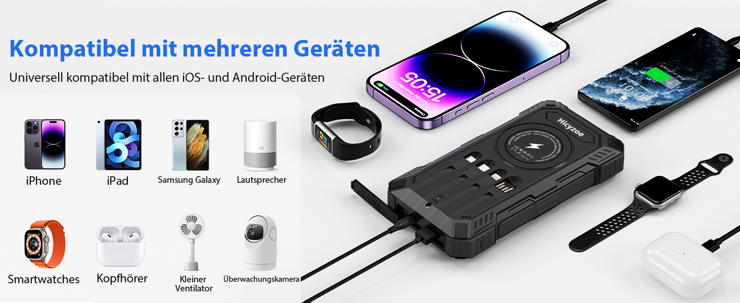 Сонячний повербанк 26800 mAh з 4 кабелями, швидка зарядка USB-C, Qi бездротова зарядка, LED ліхтарик – для телефонів, планшетів, кемпінгу (Чорний)