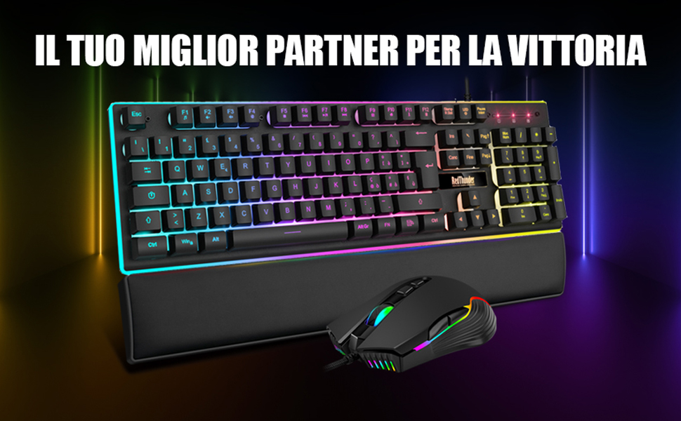 RedThunder K10 Бездротова ігрова клавіатура та миша з підсвічуванням LED, акумулятор 3800 mAh, механічне відчуття, Anti-Ghosting, миша 7D 3200 DPI, QWERTY-розкладка, для PC геймерів (Чорний)