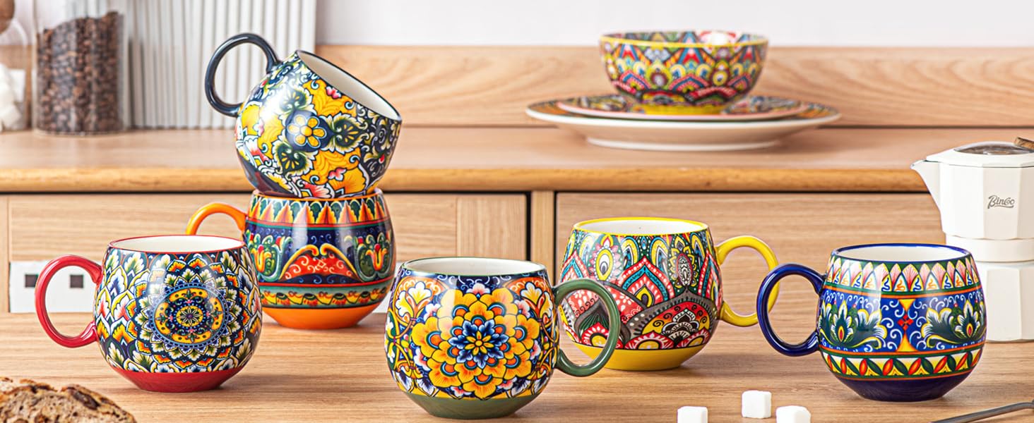 Набір чашок з порцеляни, керамічні чашки капучино/кружки - 600 мл, посуд для 6 осіб, набір чашок для кави - богемний стиль