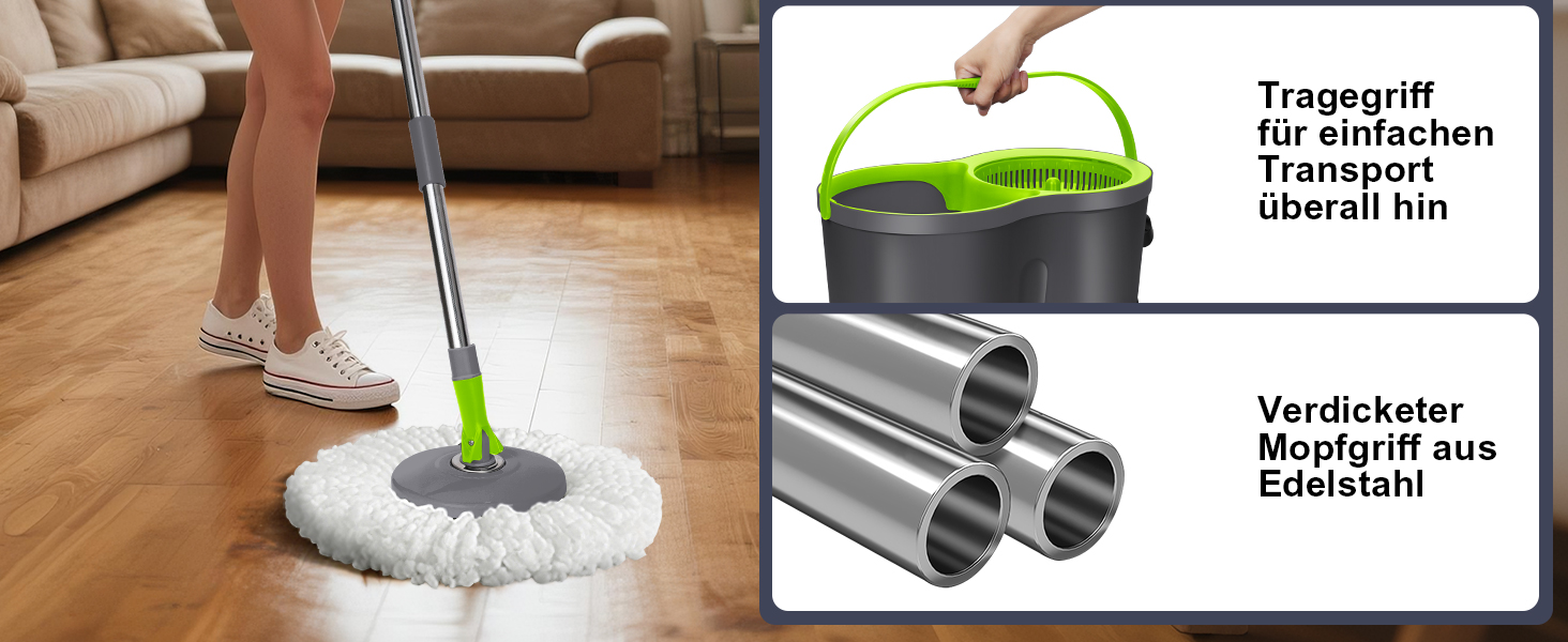 Набір для миття підлоги Masthome: відро, моп з функцією віджиму, 3 мікрофібрових насадки, для всіх типів підлоги