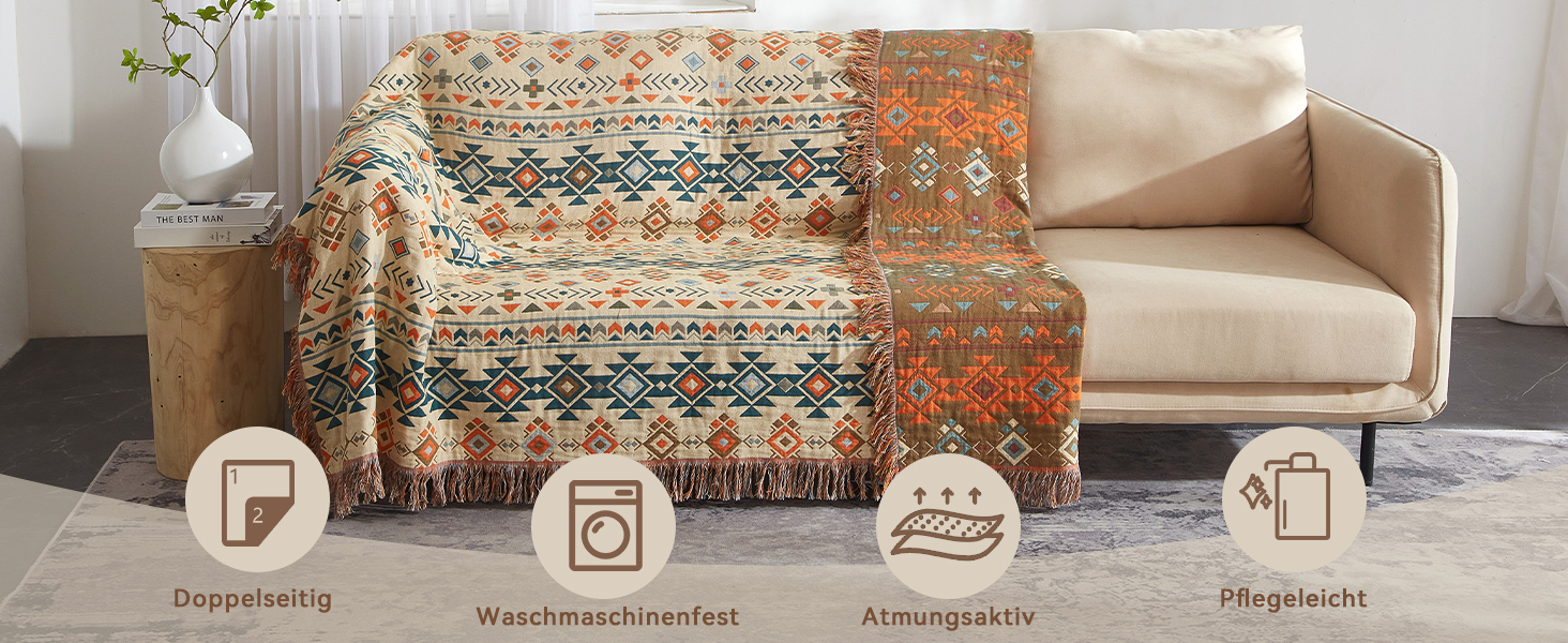 Плед Boho Softexly з 100% бавовни – двостороння муслінова ковдра 150x200 см, м'який плед на диван та покривало на ліжко, естетичний дизайн, ідеально для вітальні та спальні, помаранчево/блакитний (150 x 200 см, стиль модерн)