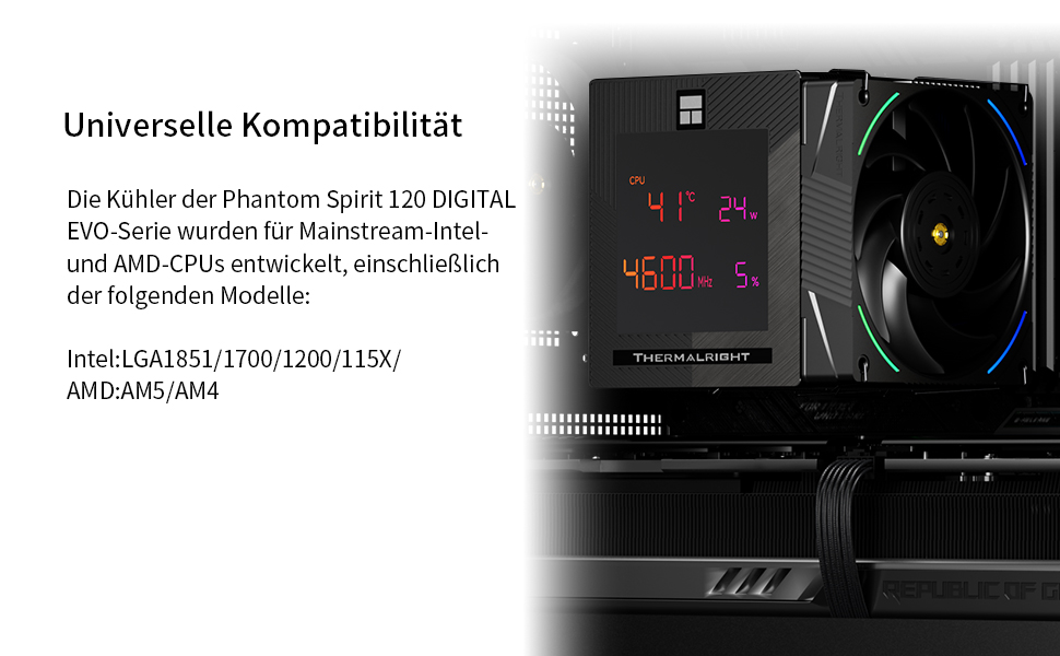 TR Phantom Spirit 120 EVO: цифровий кулер для CPU з дисплеєм, 7 теплових трубок, підтримка AM4/AM5/Intel lga1851/1700/1150/1151/1200/2011