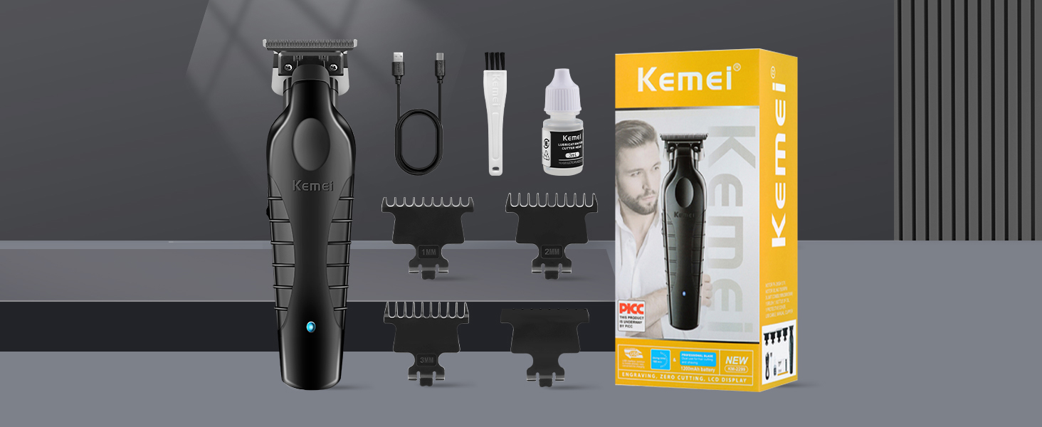 Машинка для стрижки волосся та бороди KEMEI 2299: професійний тример для чоловіків, акумуляторний, DLC T-подібна насадка, 7500 об/хв, з насадками