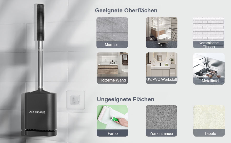 Набір для чищення унітазу ASOBEAGE: силіконова щітка, нержавіюча сталь, кріплення на стіну, швидковисихаючий тримач (Чорний)