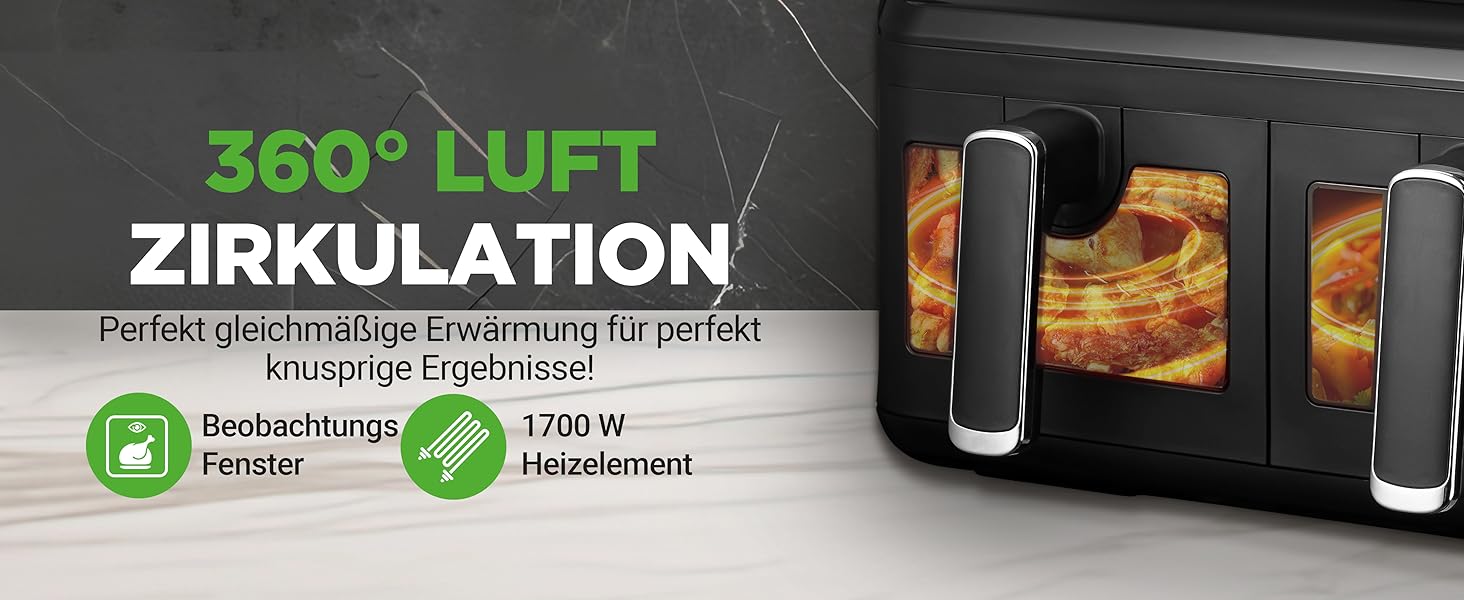 Фритюрниця NutriChef з гарячим повітрям, XXL 8л, подвійна камера, вікно, max 360°C, 9 програм, антипригарне покриття, придатна для миття в посудомийній машині, приготування без жиру, фритюрниця, гриль, духовка, 1700W, 8л, чорний