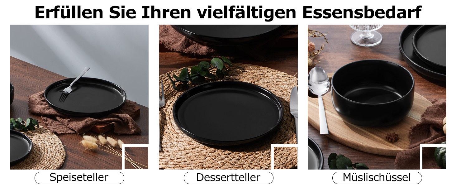 Набір посуду Onader на 6 осіб: 18-ти частинний сервіз з каменю, 6 тарілок, десертних тарілок, мисок, стійкий до миття в посудомийній машині та подряпин (Класичний чорний)