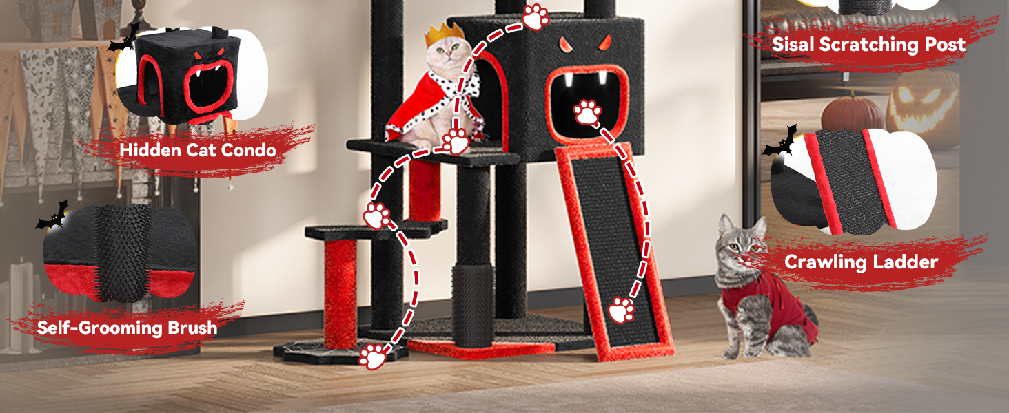 Кігтеточка YITAHOME Готичний XL, 160 см, з 4 колонами з сизалю, платформа для сну, гамак, кулі-іграшки, чорна