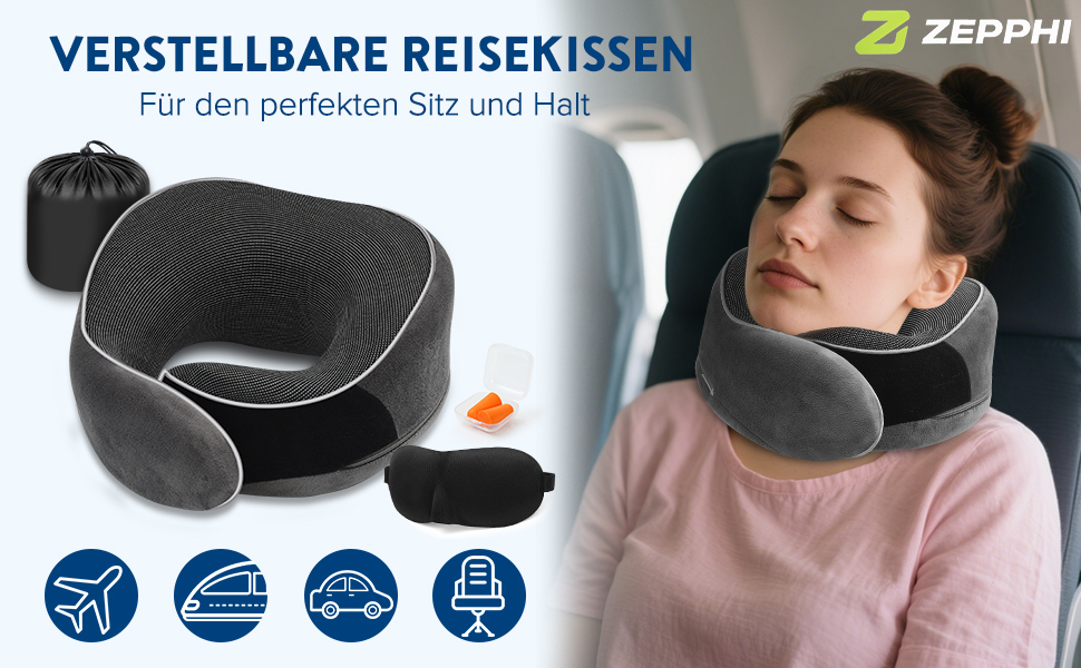 Подушка для шиї у літак, Memory Foam, для дорослих, ергономічна підтримка шиї з 3D-маскою для сну, навушниками, сумкою - ідеальна для літака, авто, дому, офісу, подушка для сну (Сірий)