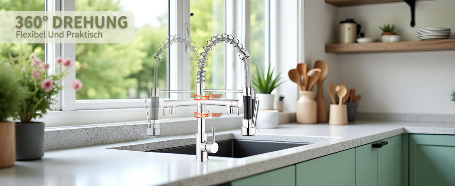 Кухонний змішувач з витяжною лійкою, 360° обертання, 2 режими, нержавіюча сталь, преміум-якість