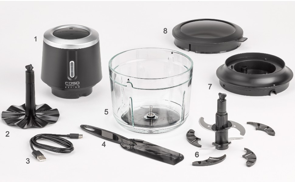 CASO Chop & Go – Електричний подрібнювач для кухні з акумулятором, 1.0 л, 2 швидкості, USB-C, з лопаткою