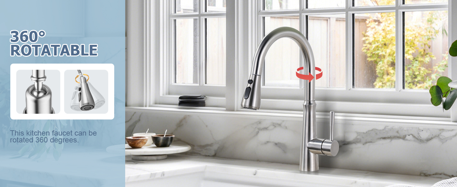 Змішувач кухонний iVIGA висувний з дозатором, водоспад, 360° поворот, 3 режими, щітене нікель