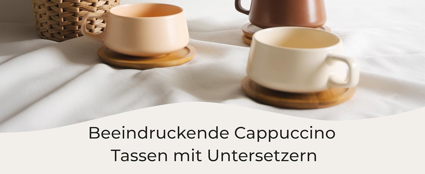 MIAMI - Set of 4 x 320 ml Coffee Cups/Cappuccino Cups with Saucers/Elegant/Modern/Coffee Cups made of Stoneware - Luxe Collection 4-Piece Set (Beige Pastel)