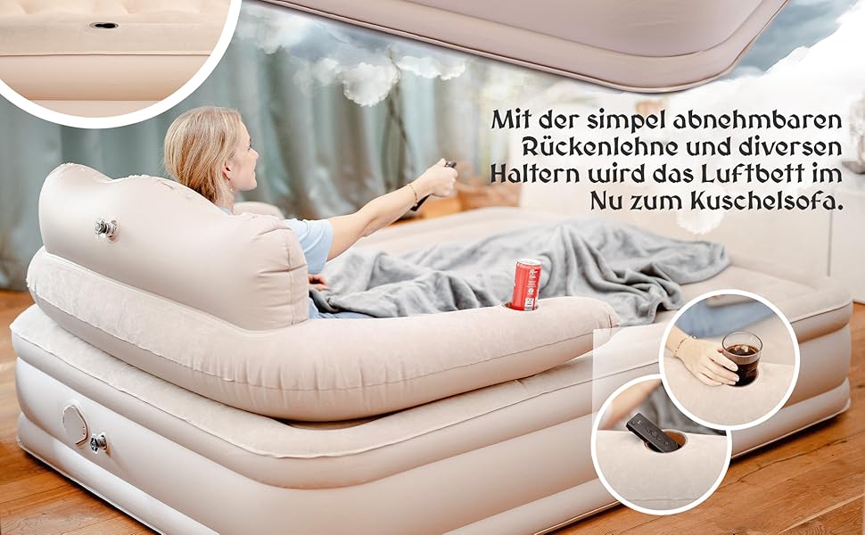Надувне ліжко для 2 осіб [3-в-1 система] | Елегантне гостьове та кемпінгове ліжко | Надувна матрац з електропомпою 150x200 | Самостійно надувна повітряна матрац для 2 осіб, бежевий